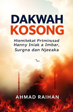 An A4 book cover design featuring the title "Dakwah Kosong: Ketika Mimbar Hanya Bicara Surga dan Neraka" prominently displayed at the top in bold, eye-catching typography