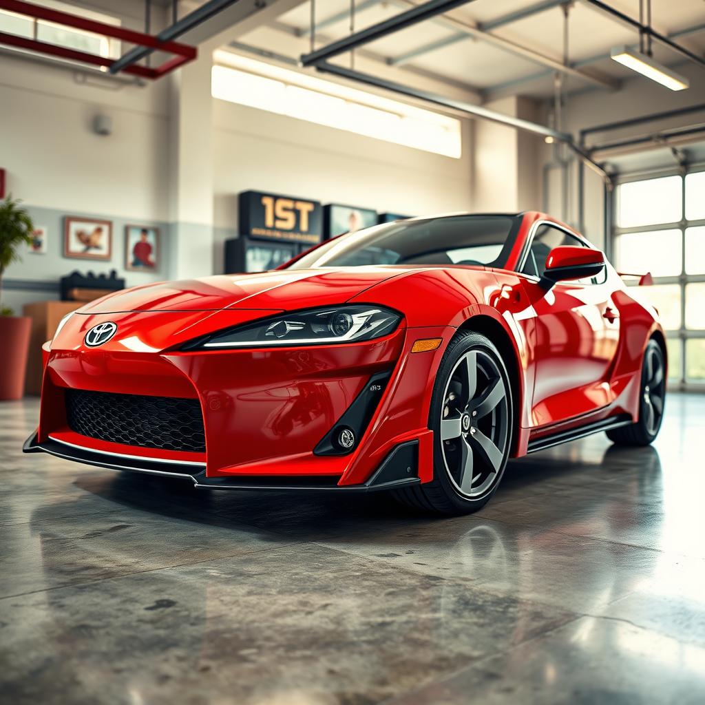 A stunning showcase of a Toyota Celica, emphasizing its sleek design and sporty features, highlighted under bright showroom lights