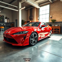 A stunning showcase of a Toyota Celica, emphasizing its sleek design and sporty features, highlighted under bright showroom lights