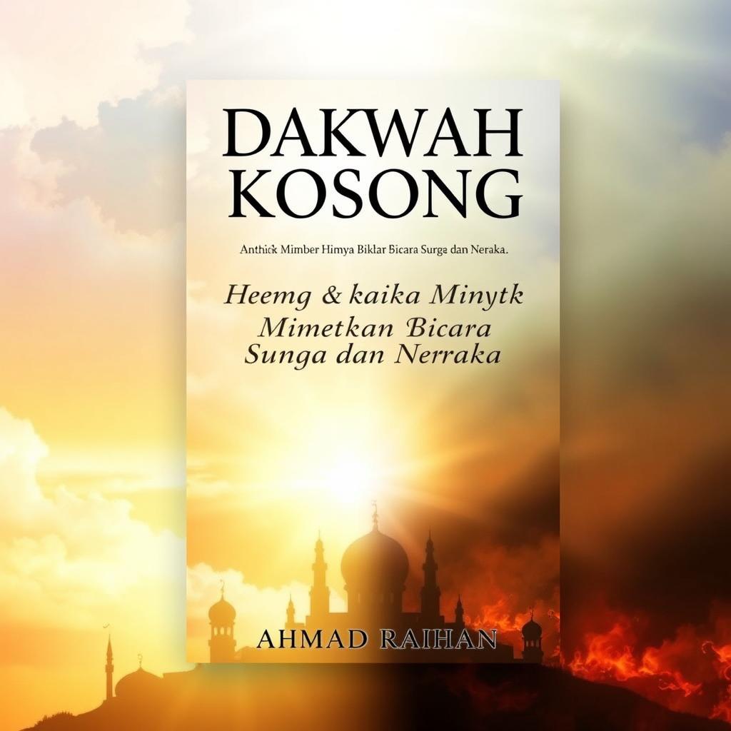 An A4 book cover design featuring the title "Dakwah Kosong: Ketika Mimbar Hanya Bicara Surga dan Neraka" prominently displayed at the top in bold, eye-catching typography