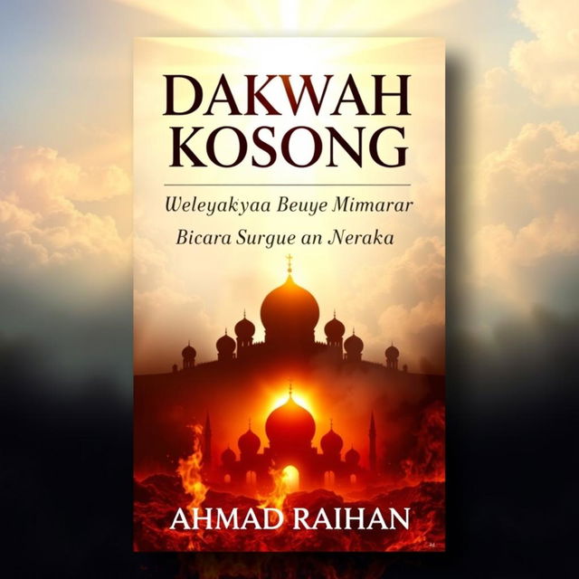 An A4 book cover design featuring the title "Dakwah Kosong: Ketika Mimbar Hanya Bicara Surga dan Neraka" prominently displayed at the top in bold, eye-catching typography