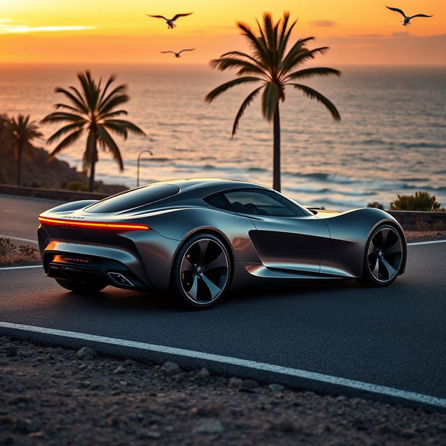 A sleek, futuristic car parked on a scenic coastal road, surrounded by palm trees and the ocean in the background