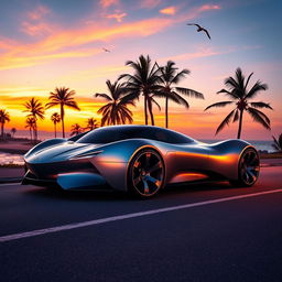 A sleek, futuristic car parked on a scenic coastal road, surrounded by palm trees and the ocean in the background