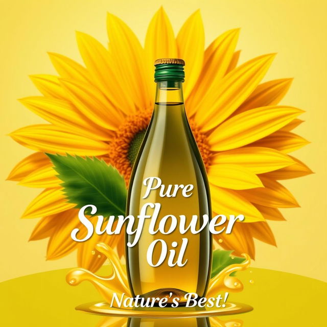 A vibrant and modern advertisement poster for sunflower oil, featuring a large, visually striking sunflower in the background, with its petals radiating warmth and light