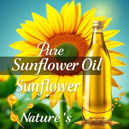 A vibrant and modern advertisement poster for sunflower oil, featuring a large, visually striking sunflower in the background, with its petals radiating warmth and light