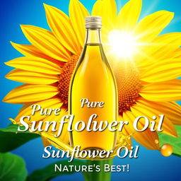 A vibrant and modern advertisement poster for sunflower oil, featuring a large, visually striking sunflower in the background, with its petals radiating warmth and light
