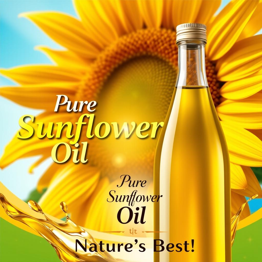 A vibrant and modern advertisement poster for sunflower oil, featuring a large, visually striking sunflower in the background, with its petals radiating warmth and light