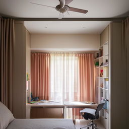 A teenage room featuring two small separate windows with curtains, a filled bookshelf, a study table and chair, a circulating fan, and a spacious wardrobe