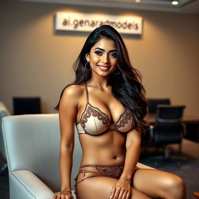 A striking, hot Indian woman sitting in an office setting, wearing a stylish Indian-style bra and panty combination