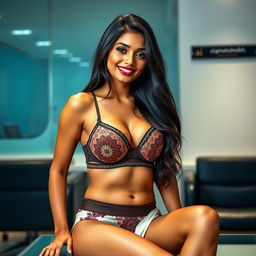 A striking, hot Indian woman sitting in an office setting, wearing a stylish Indian-style bra and panty combination