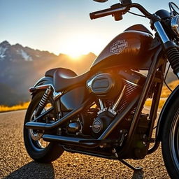 A powerful and iconic Harley Davidson motorcycle parked on a scenic mountain road, glistening in the sunlight