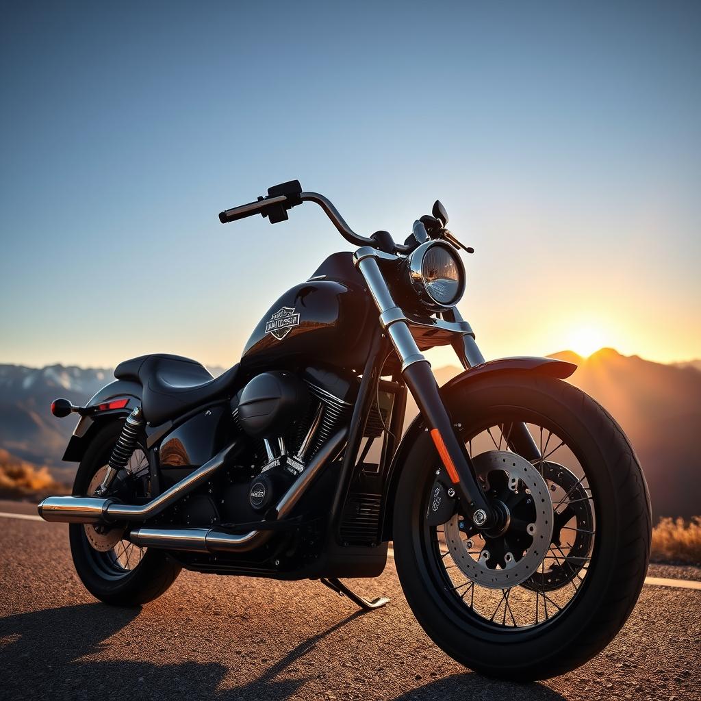 A powerful and iconic Harley Davidson motorcycle parked on a scenic mountain road, glistening in the sunlight