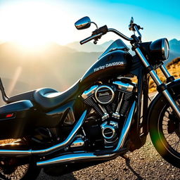 A powerful and iconic Harley Davidson motorcycle parked on a scenic mountain road, glistening in the sunlight
