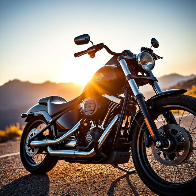 A powerful and iconic Harley Davidson motorcycle parked on a scenic mountain road, glistening in the sunlight