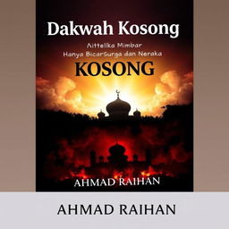 An A4 book cover design showcasing the title "Dakwah Kosong: Ketika Mimbar Hanya Bicara Surga dan Neraka" prominently at the top in bold, dynamic typography