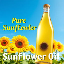 An advertisement poster for sunflower oil featuring a vibrant background of blooming sunflowers under a clear blue sky