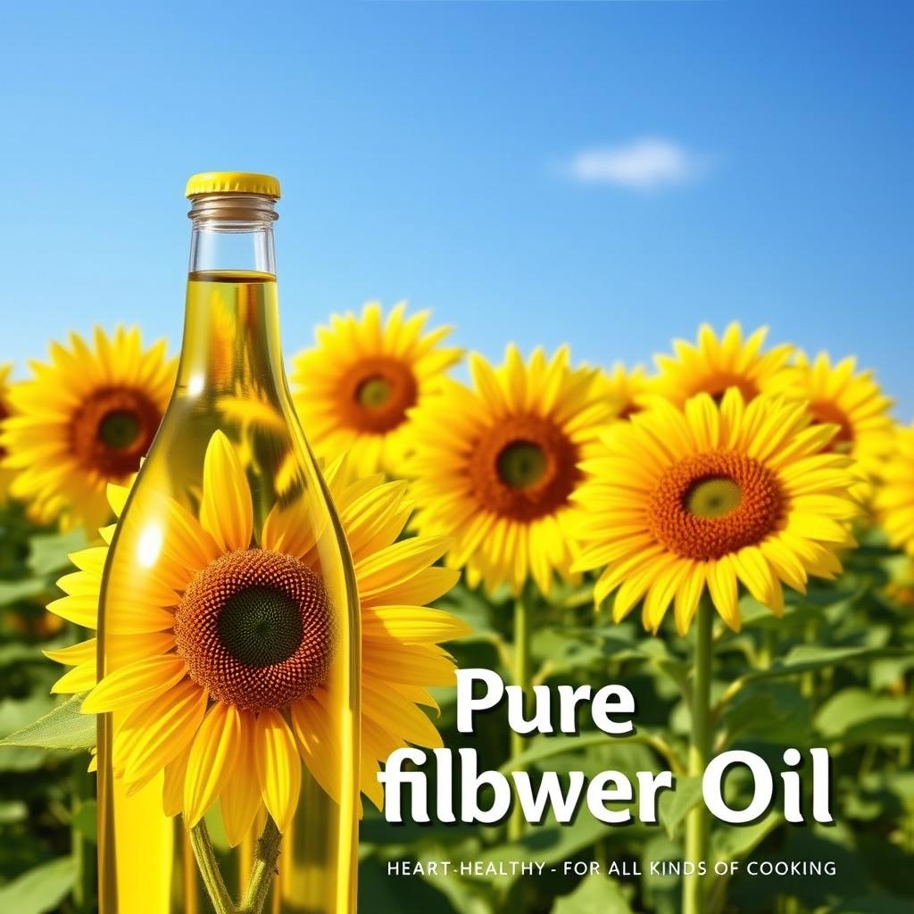 An advertisement poster for sunflower oil featuring a vibrant background of blooming sunflowers under a clear blue sky