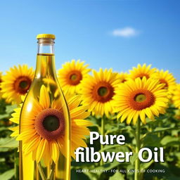 An advertisement poster for sunflower oil featuring a vibrant background of blooming sunflowers under a clear blue sky