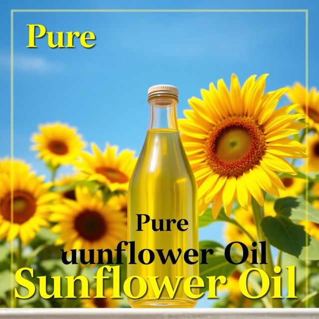 An advertisement poster for sunflower oil featuring a vibrant background of blooming sunflowers under a clear blue sky