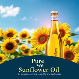 An advertisement poster for sunflower oil featuring a vibrant background of blooming sunflowers under a clear blue sky
