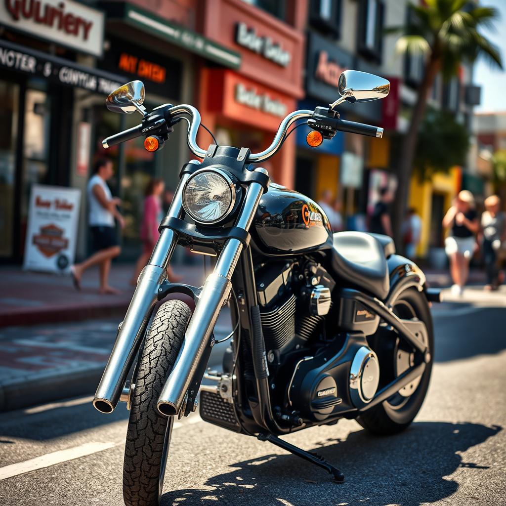 A sleek, custom-built Harley Davidson motorcycle parked on a vibrant street