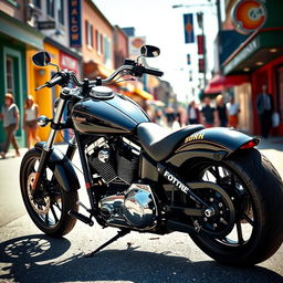 A sleek, custom-built Harley Davidson motorcycle parked on a vibrant street