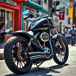 A sleek, custom-built Harley Davidson motorcycle parked on a vibrant street