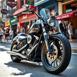 A sleek, custom-built Harley Davidson motorcycle parked on a vibrant street