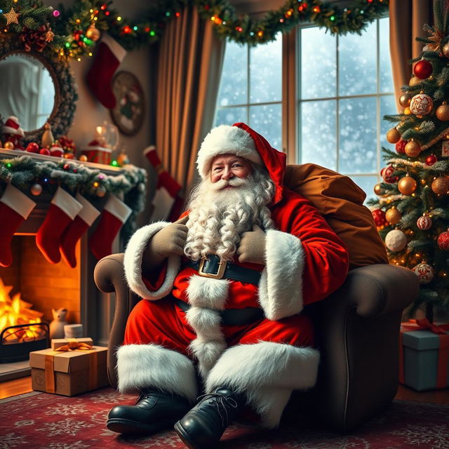 A cheerful Santa Claus sitting in a cozy, decorated living room filled with festive holiday decorations such as colorful lights, stockings hung by the fireplace, and a beautifully decorated Christmas tree