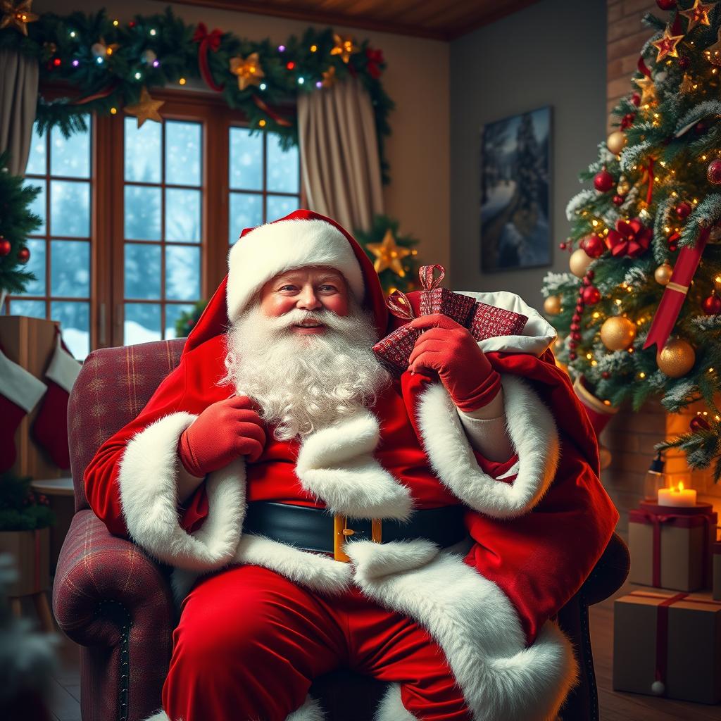 A cheerful Santa Claus sitting in a cozy, decorated living room filled with festive holiday decorations such as colorful lights, stockings hung by the fireplace, and a beautifully decorated Christmas tree