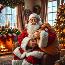 A cheerful Santa Claus sitting in a cozy, decorated living room filled with festive holiday decorations such as colorful lights, stockings hung by the fireplace, and a beautifully decorated Christmas tree