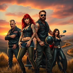A detailed and gripping portrayal inspired by 'Sons of Anarchy', featuring a group of rugged motorcycle club members in a scenic landscape