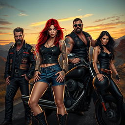 A detailed and gripping portrayal inspired by 'Sons of Anarchy', featuring a group of rugged motorcycle club members in a scenic landscape