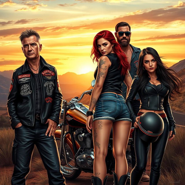 A detailed and gripping portrayal inspired by 'Sons of Anarchy', featuring a group of rugged motorcycle club members in a scenic landscape