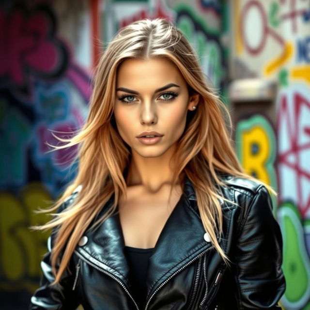 A young woman confidently wearing a stylish black biker jacket, exuding a cool and edgy vibe