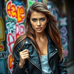 A young woman confidently wearing a stylish black biker jacket, exuding a cool and edgy vibe