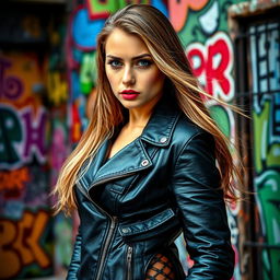 A young woman confidently wearing a stylish black biker jacket, exuding a cool and edgy vibe