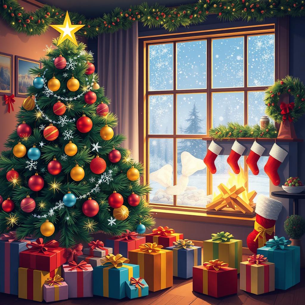 A vibrant Christmas scene featuring a beautifully decorated Christmas tree adorned with sparkling ornaments, twinkling fairy lights, and a shining star on top