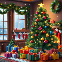 A vibrant Christmas scene featuring a beautifully decorated Christmas tree adorned with sparkling ornaments, twinkling fairy lights, and a shining star on top