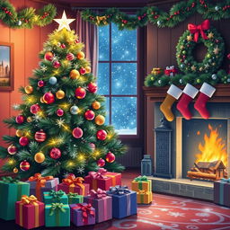A vibrant Christmas scene featuring a beautifully decorated Christmas tree adorned with sparkling ornaments, twinkling fairy lights, and a shining star on top
