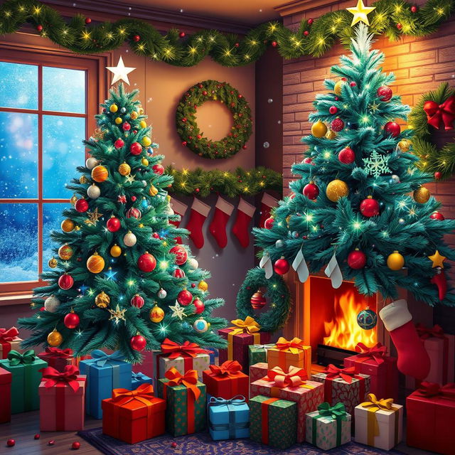 A vibrant Christmas scene featuring a beautifully decorated Christmas tree adorned with sparkling ornaments, twinkling fairy lights, and a shining star on top