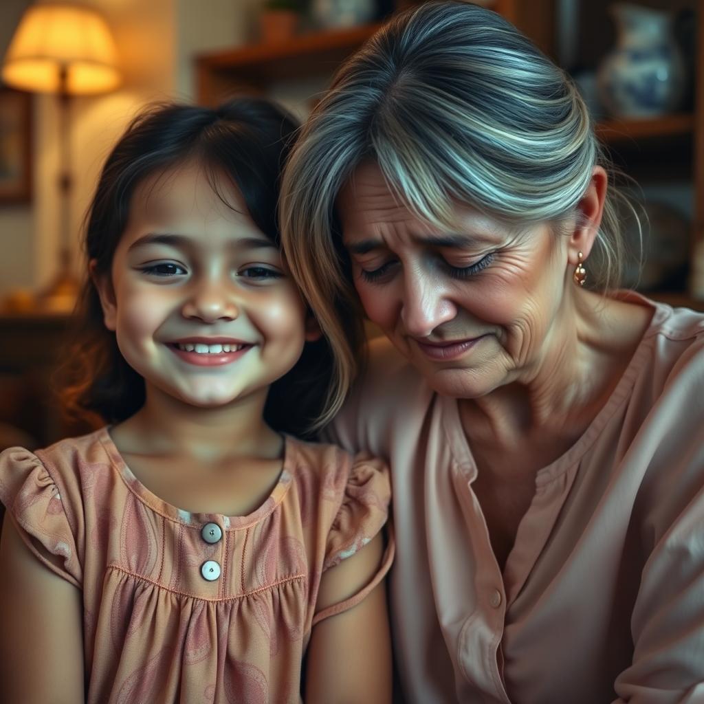 A poignant scene depicting a daughter smiling gently while her mother is in tears