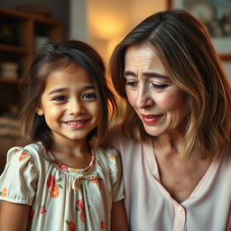 A poignant scene depicting a daughter smiling gently while her mother is in tears