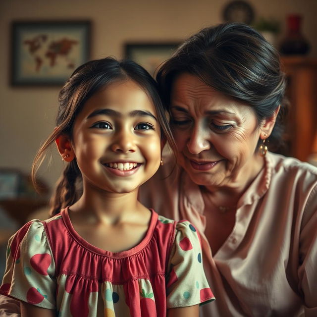 A poignant scene depicting a daughter smiling gently while her mother is in tears