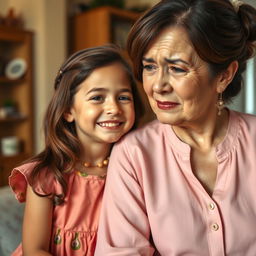 A poignant scene depicting a daughter smiling gently while her mother is in tears