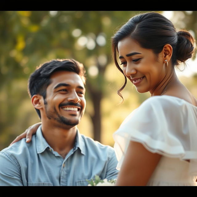 A striking scene showing a man smiling warmly while a woman is in tears