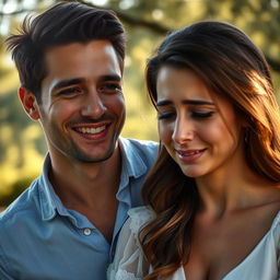A striking scene showing a man smiling warmly while a woman is in tears
