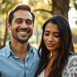 A striking scene showing a man smiling warmly while a woman is in tears