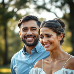 A striking scene showing a man smiling warmly while a woman is in tears