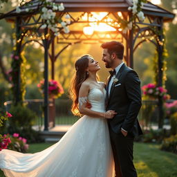 A beautiful pre-wedding photoshoot set in a lush green park during golden hour